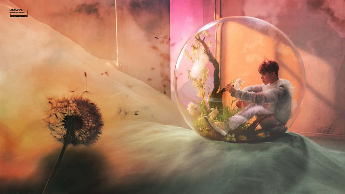 Bubble 桌布 壁紙 — 一個人坐在玻璃圓頂內，在柔和發光的霧氣和蒲公英環繞下，於超現實夢幻般的環境中照料花朵。