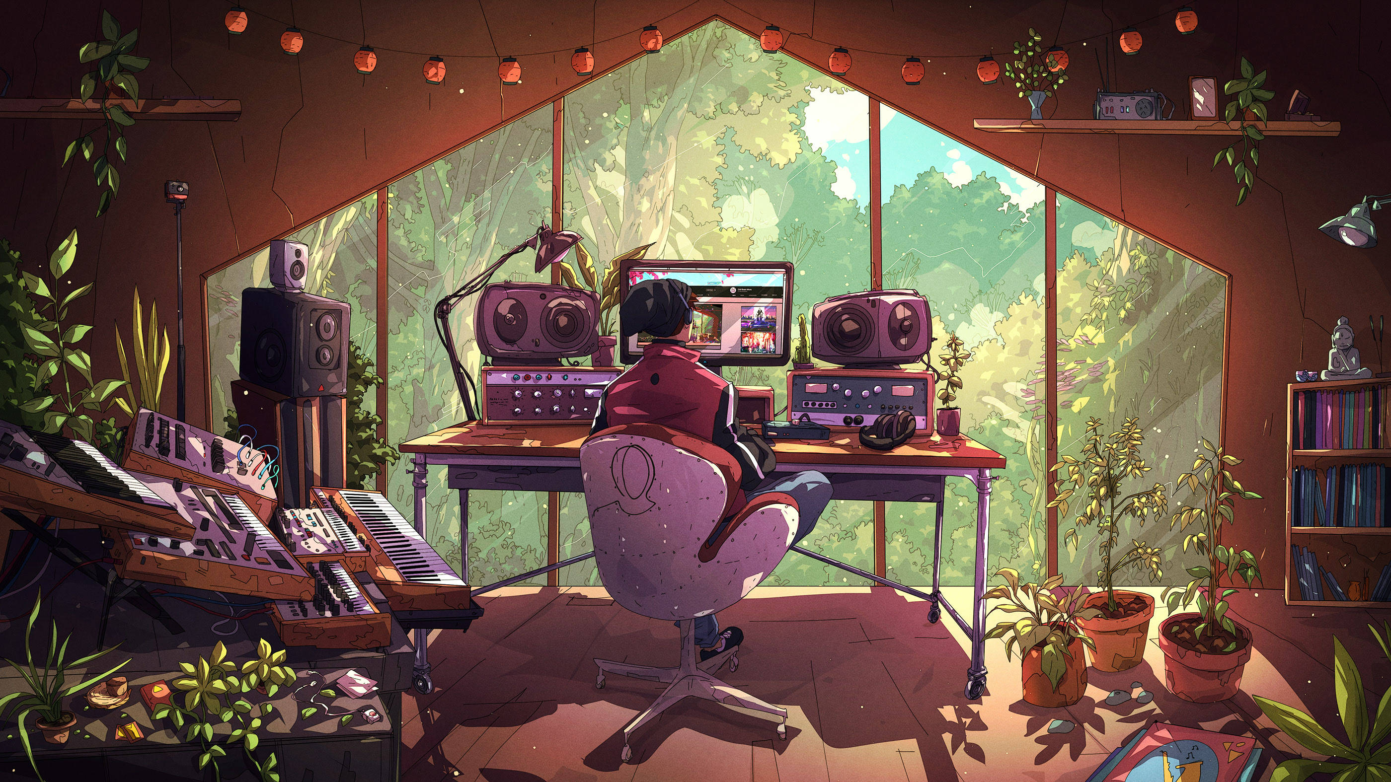 Work 桌布 壁紙 — 一個人坐在舒適、充滿植物的小木屋錄音室裡的音樂製作桌前，沐浴在溫暖的陽光下。