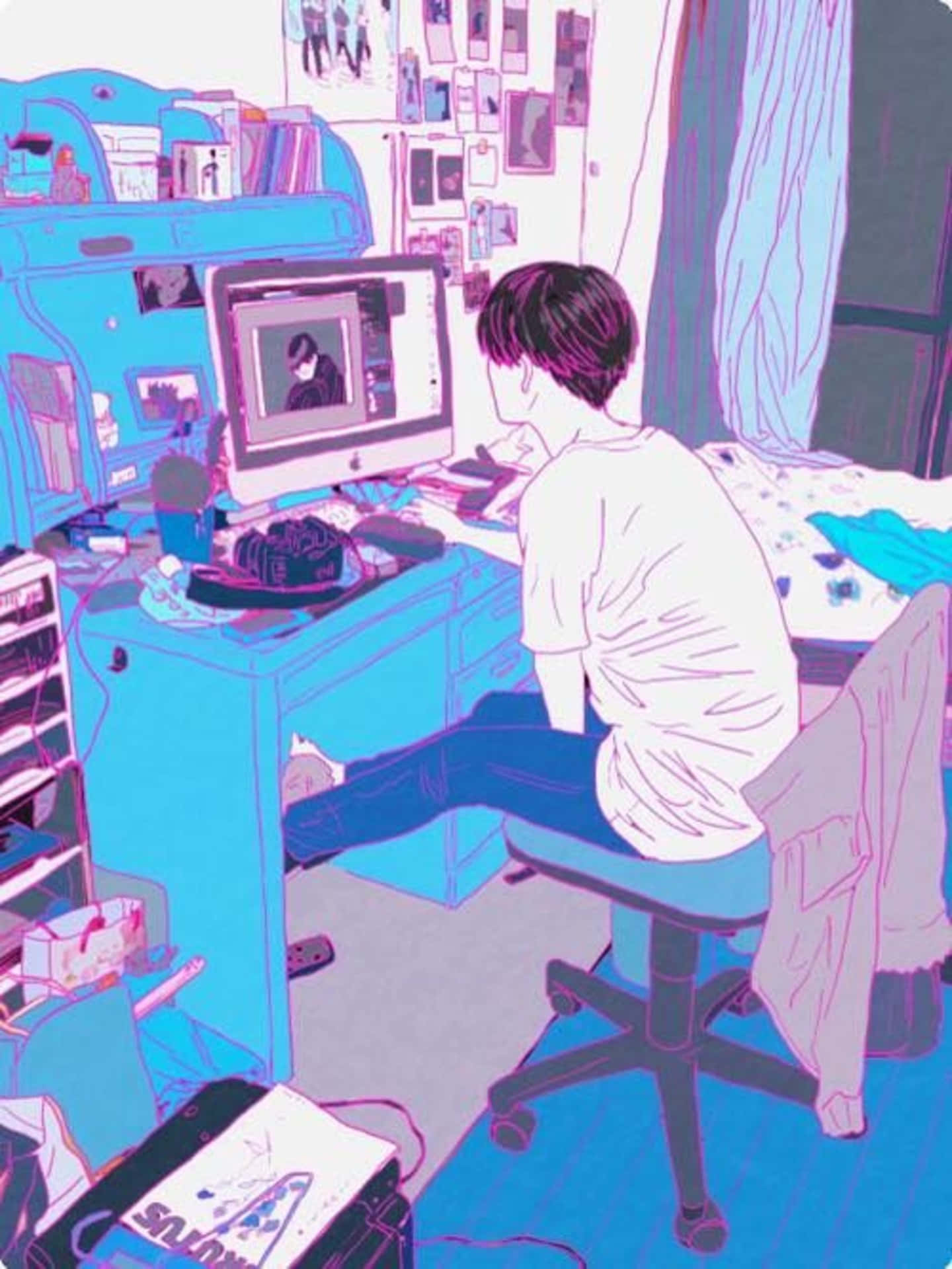 桌布 壁紙 — 一個人坐在雜亂的書桌前，身處充滿活力的藍色和粉紅色插圖臥室，專注於電腦螢幕。