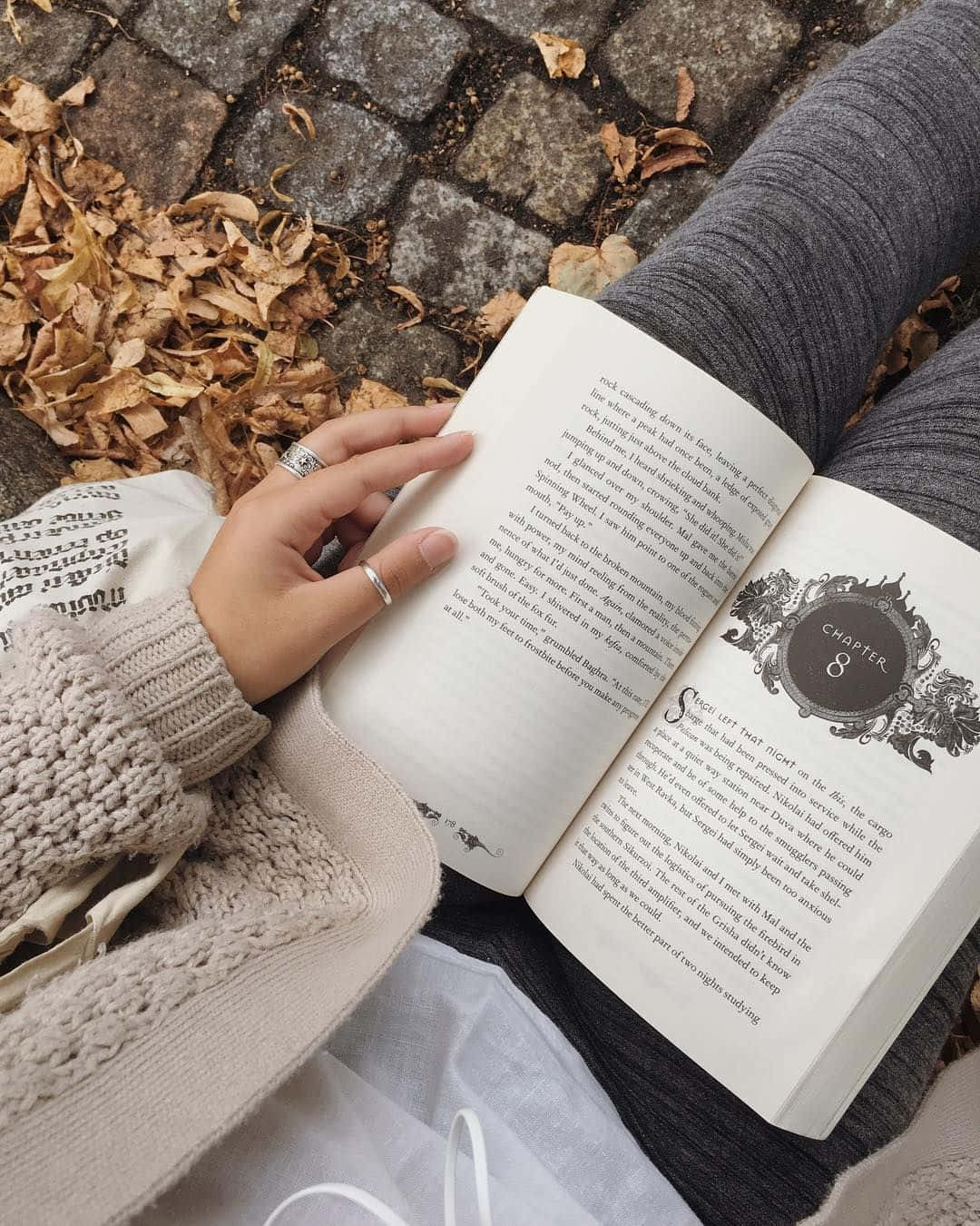 Open Book 桌布 壁紙 — 一個人坐在鵝卵石小徑上，周圍滿是秋天的落葉，正在閱讀一本名為 Chapter 8 的書。