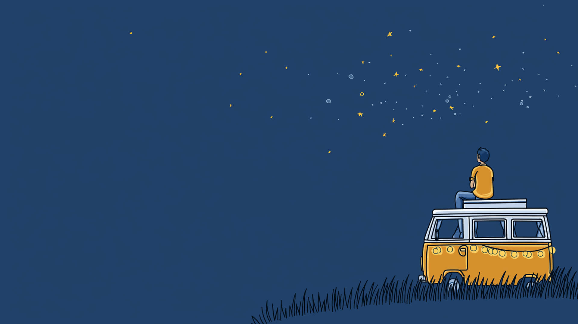 Stargazing Camper 壁紙 — 一個人坐在黃色貨車頂上，在星空下觀看草地上方閃爍的星星。