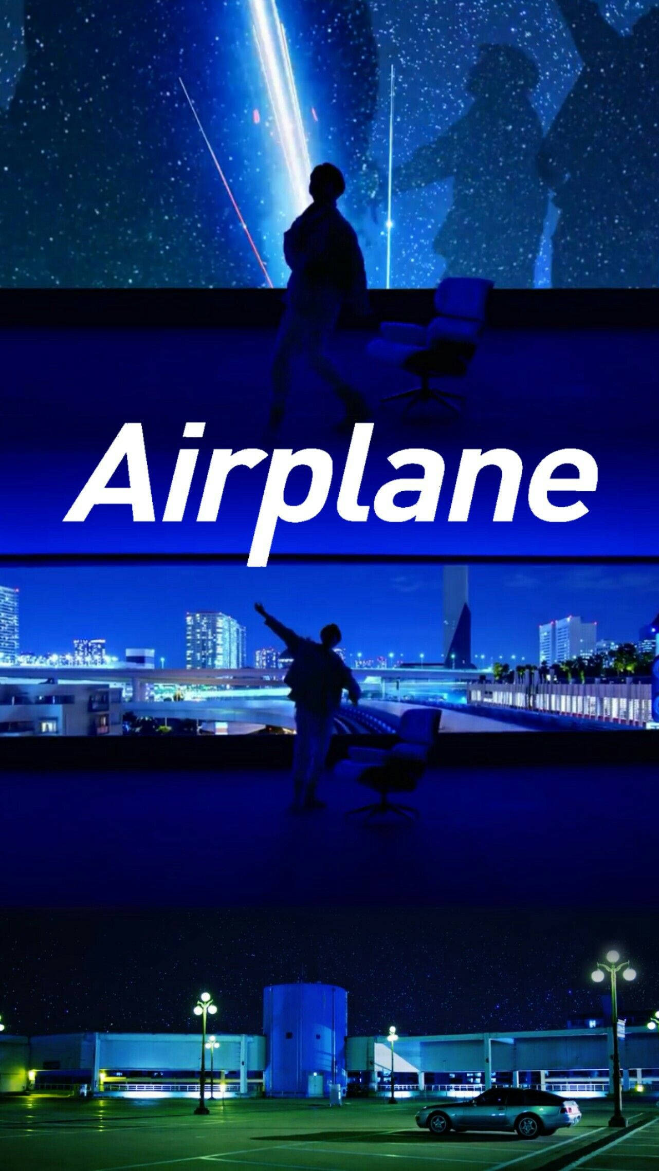 j-hope 桌布 壁紙 — 一個人夜晚站在屋頂上，仰望星空，下方是城市景觀和飛機。