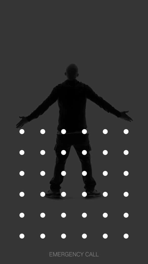 Tricky Lock Screen 桌布 壁紙 — 一個人張開雙臂的剪影站在發光白色點狀網格上，背景為深灰色，底部有「EMERGENCY CALL」文字。