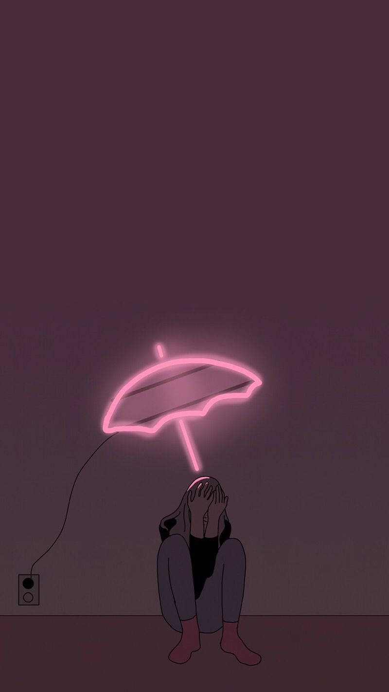 Umbrella 桌布 壁紙 — 一個人彎腰坐著，雙手掩面，在一個昏暗的紫色房間裡，一把發光的粉紅色霓虹傘插在牆上的插座上。
