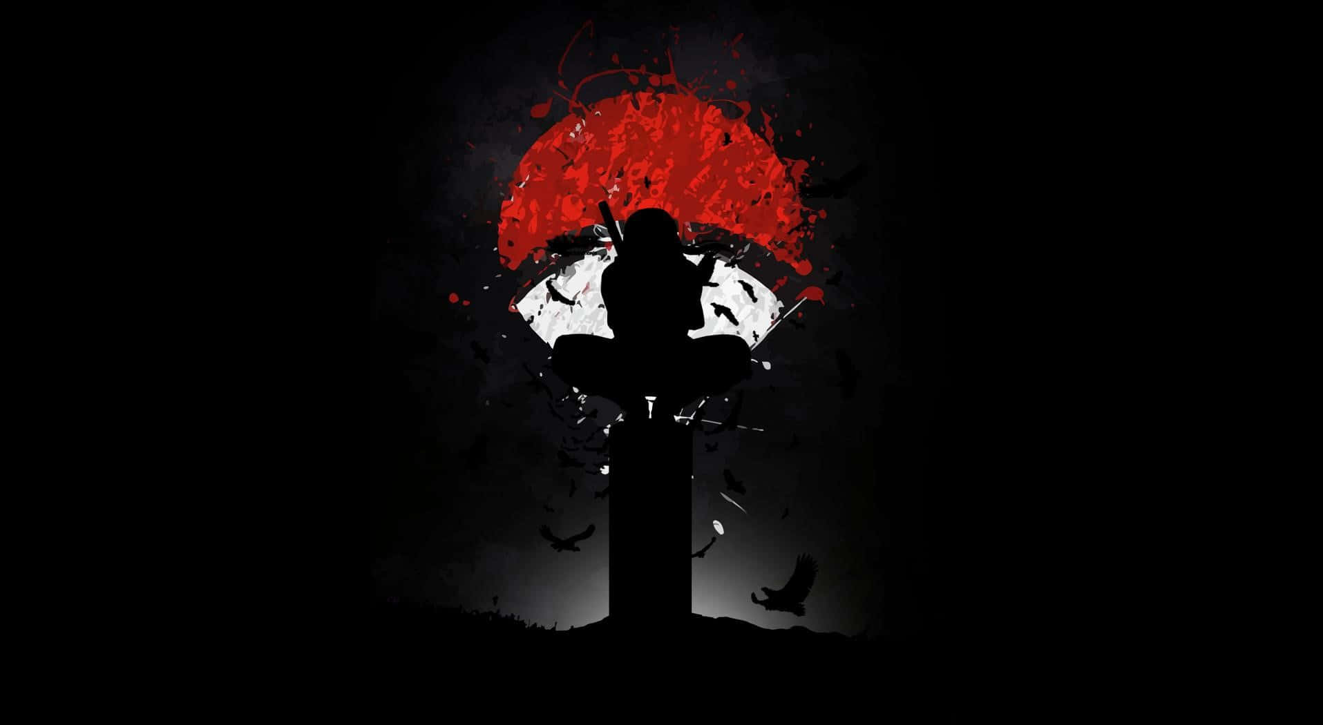 Naruto Black 桌布 壁紙 — 一個人影站在柱子上，背景是紅色和白色潑濺的圓形背景，有飛鳥。