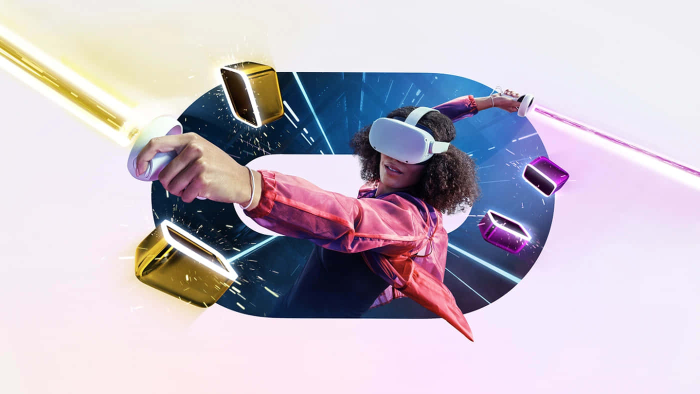 Oculus Quest 2 桌布 壁紙 — 一個人戴著VR頭戴式顯示器，在漂浮的立方體中揮舞著發光的未來武器，身處宇宙數位競技場。