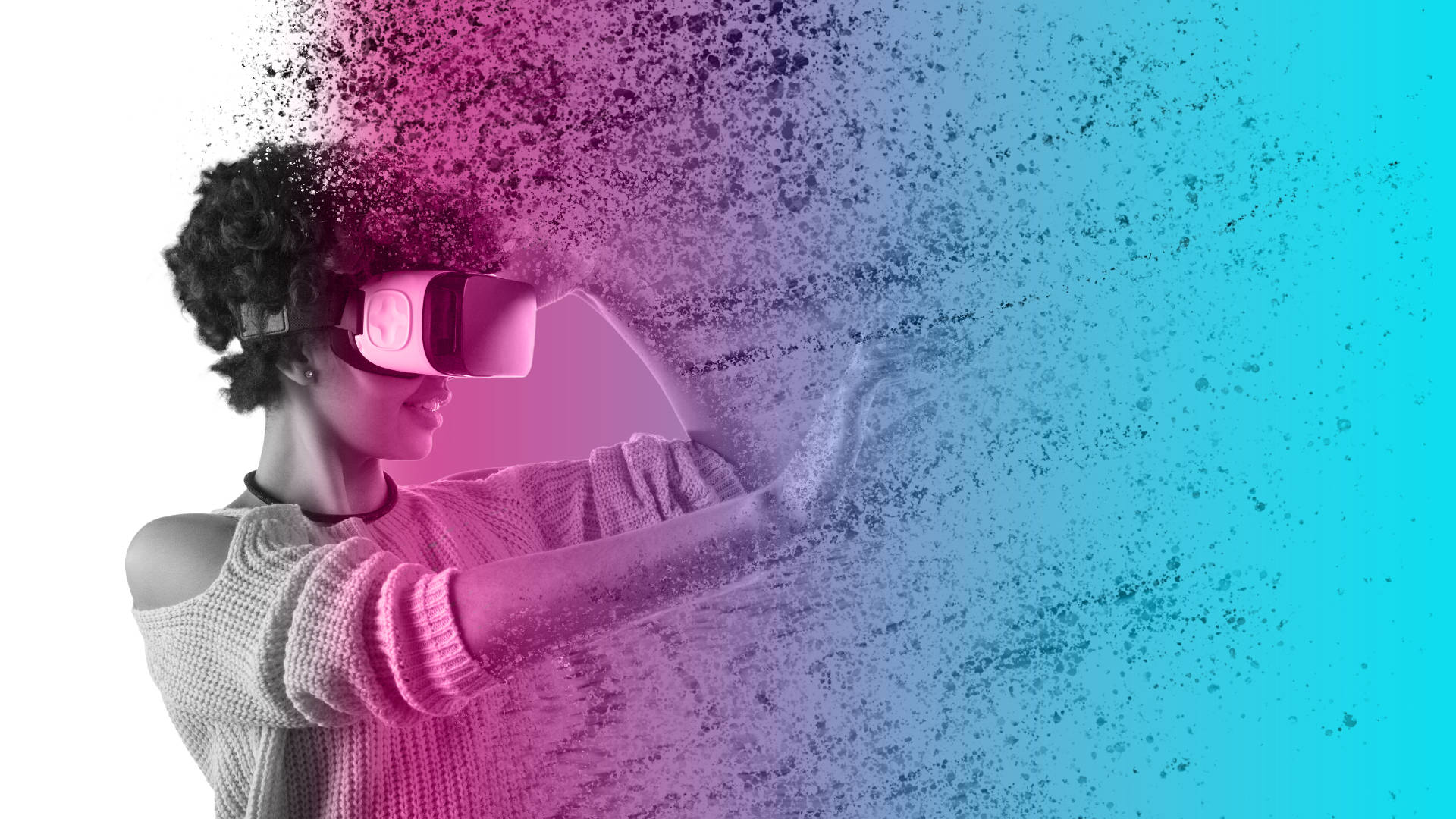 桌布 壁紙 — 一個人戴著VR頭戴式顯示器，在白色背景前與充滿活力的粉紅色和青色粒子爆發互動。