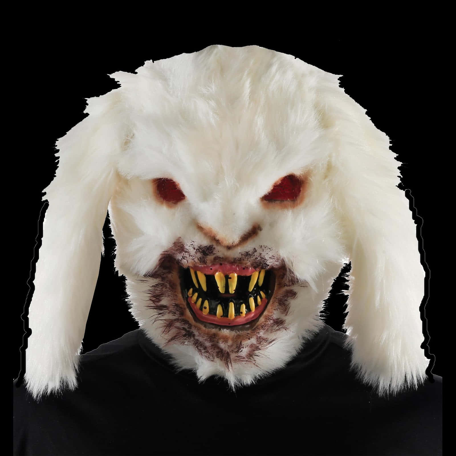 Creepy Easter Bunny 桌布 壁紙 — 一個人戴著一個可怕的白色毛茸茸兔子面具，有發光的紅色眼睛和尖銳的黃色牙齒，背景為黑色。
