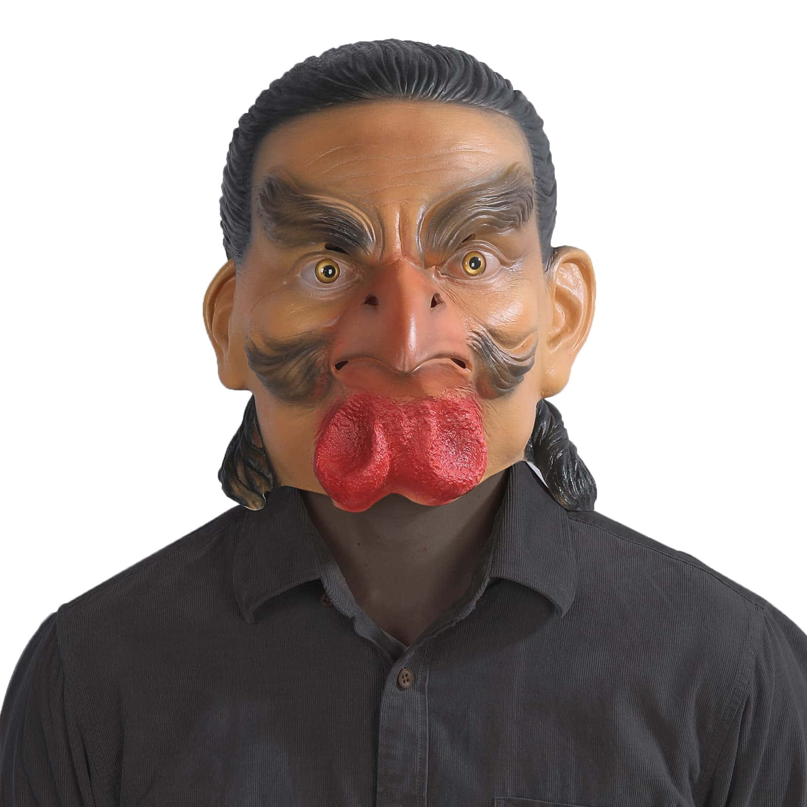 Mask 桌布 壁紙 — 一個人戴著一個怪誕的橡膠面具，面具上有誇張的面部特徵和一條突出的紅色大舌頭，背景是純白色。