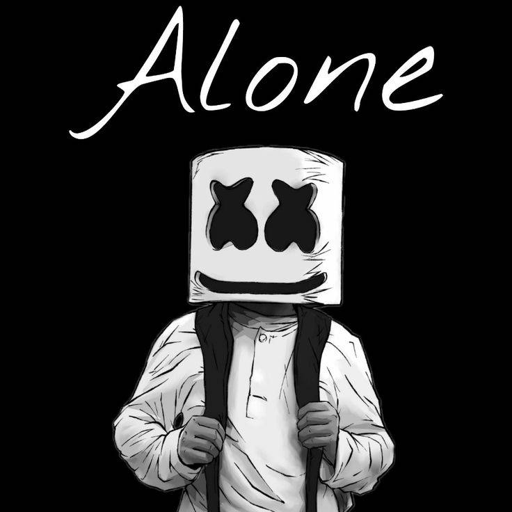戴著方形面具（X形眼睛和微笑）的人拿著背包，上方有「Alone」字樣。