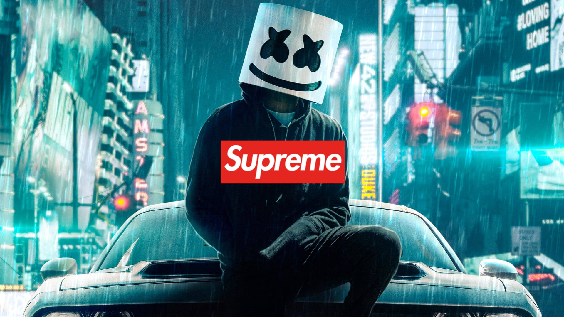 Cool Supreme 桌布 壁紙 — 一個人戴著棉花糖面具坐在一輛車上，背景是下雨的霓虹燈城市景觀，帶有 supreme 標誌。