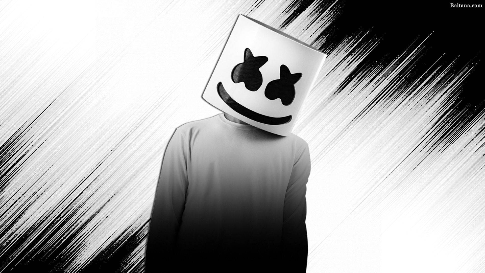 Marshmello 動態圖 桌布 壁紙 — 一個人戴著標誌性的方形面具，面具上有星星眼睛和微笑，站在高對比度的黑白條紋背景前。