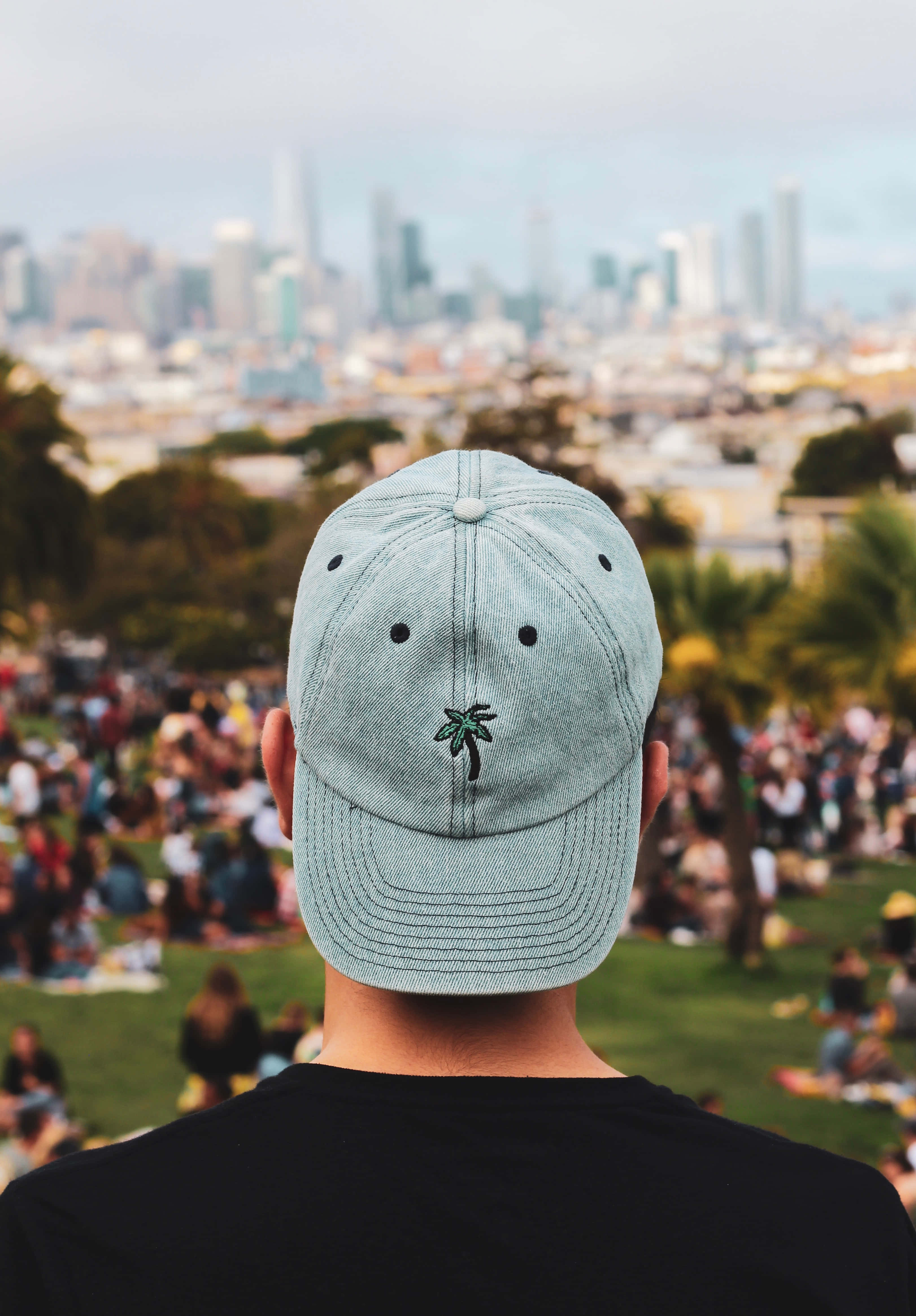 人物 桌布 壁紙 — 一個人戴著淺藍色帽子，帽上有棕櫚樹標誌，從一個擠滿人的草地山坡上眺望廣闊的城市天際線。