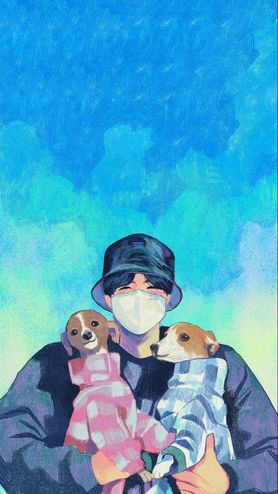 BTS 桌布 壁紙 — 一個人戴著漁夫帽和口罩，抱著兩隻穿著舒適毛衣的小狗，背景是充滿活力的藍色和藍綠色天空。