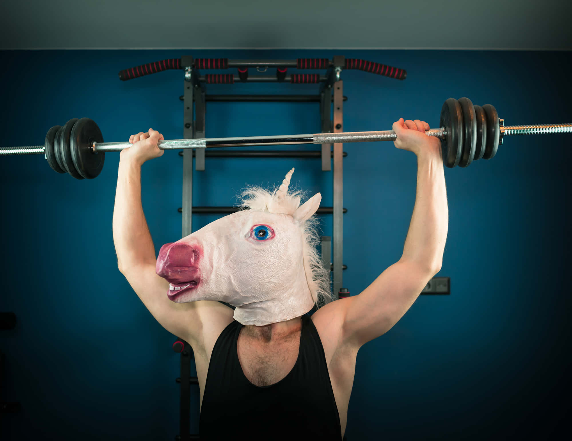 Weights 桌布 壁紙 — 一個人戴著獨角獸面具，在藍色牆壁的家用健身房將槓鈴舉過頭頂。
