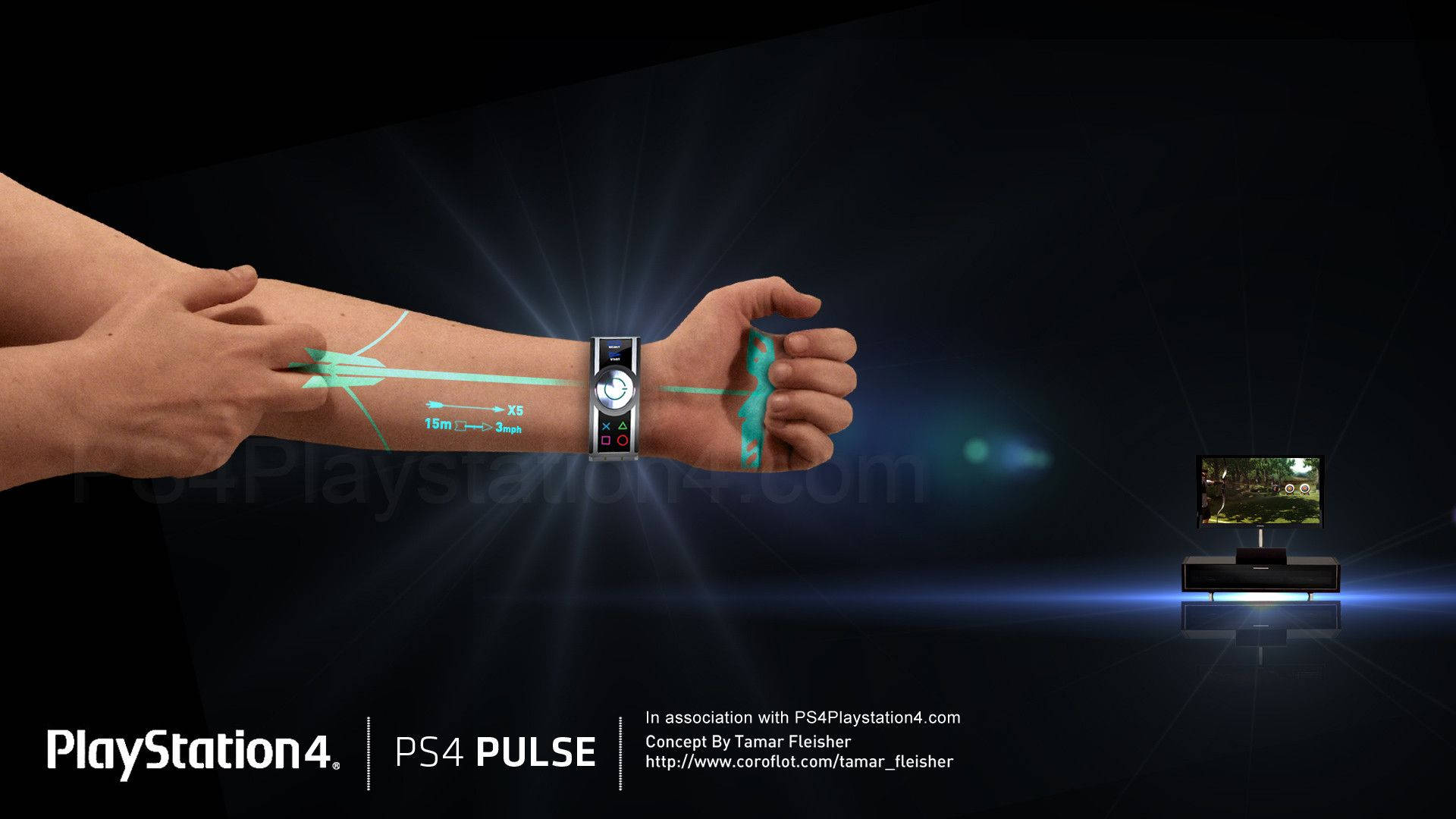 人使用 PS4 Pulse 腕帶將遊戲箭頭投射到靠近電視的手臂上。 — Ps4 壁紙