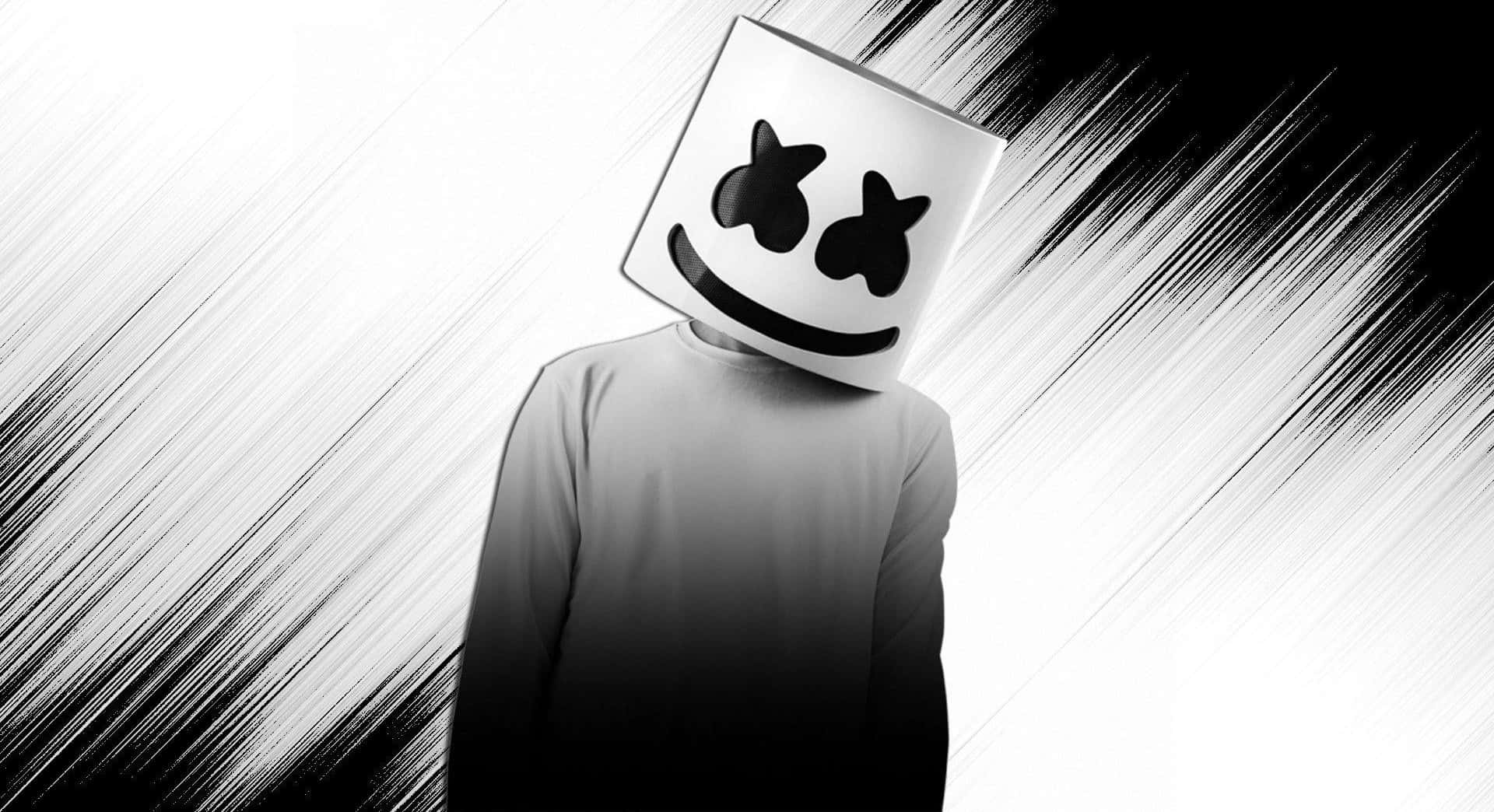 Marshmello 動態圖 桌布 壁紙 — 一個人戴著白色方形笑臉面具，站在動態黑白條紋背景前。