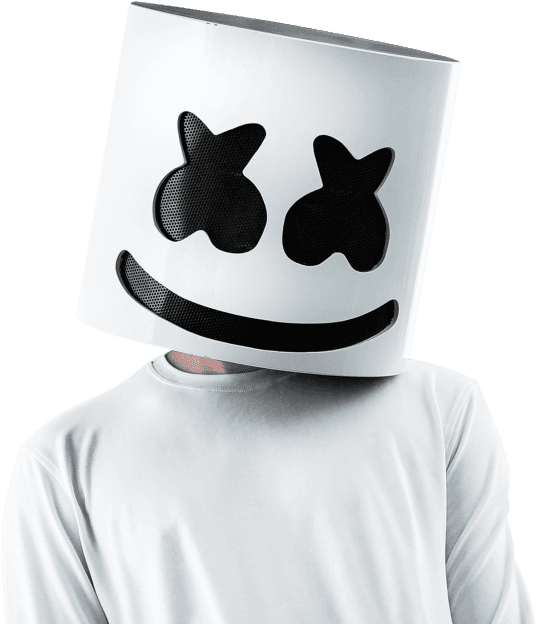 Marshmello 動態圖 桌布 壁紙 — 一個人戴著白色方形頭盔，黑色揚聲器格柵形成笑臉，背景為黑色。