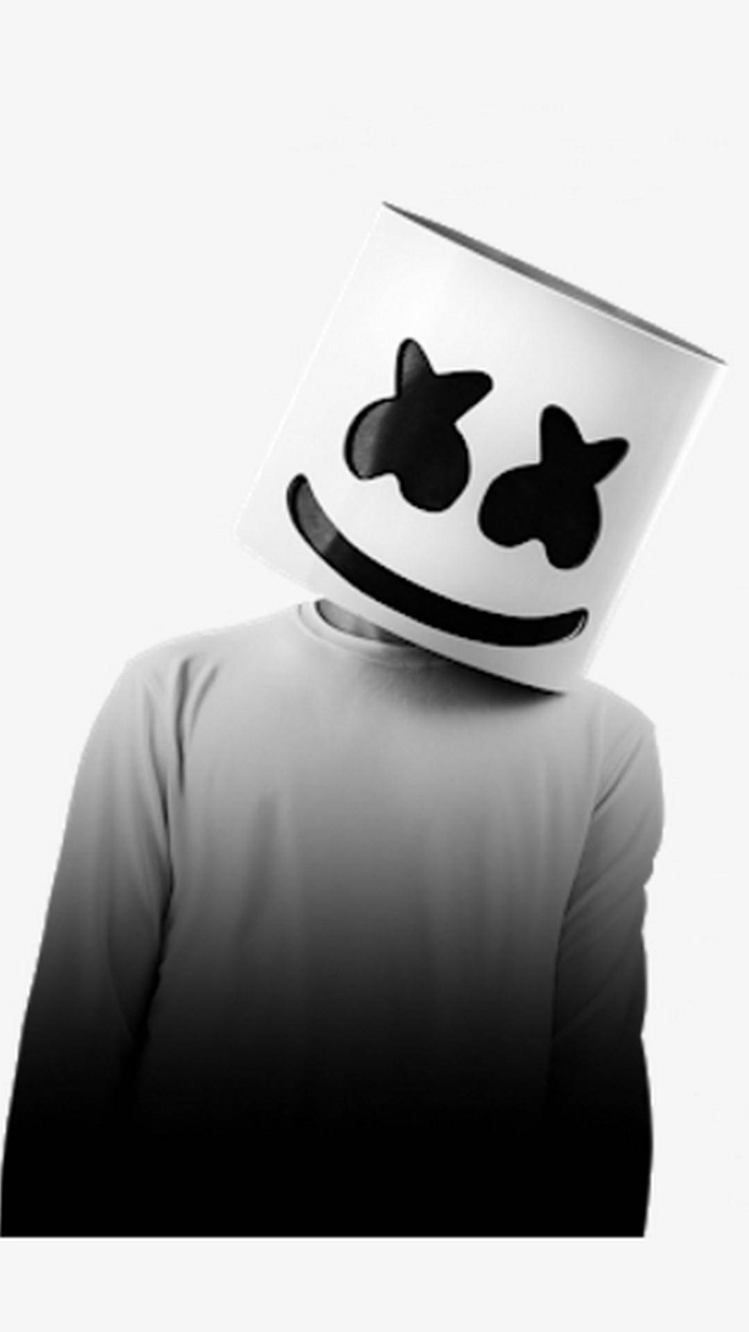 marshmello iPhone 桌布 壁紙 — 一個人戴著白色棉花糖頭盔，有黑色星星眼睛和微笑，背景簡單。