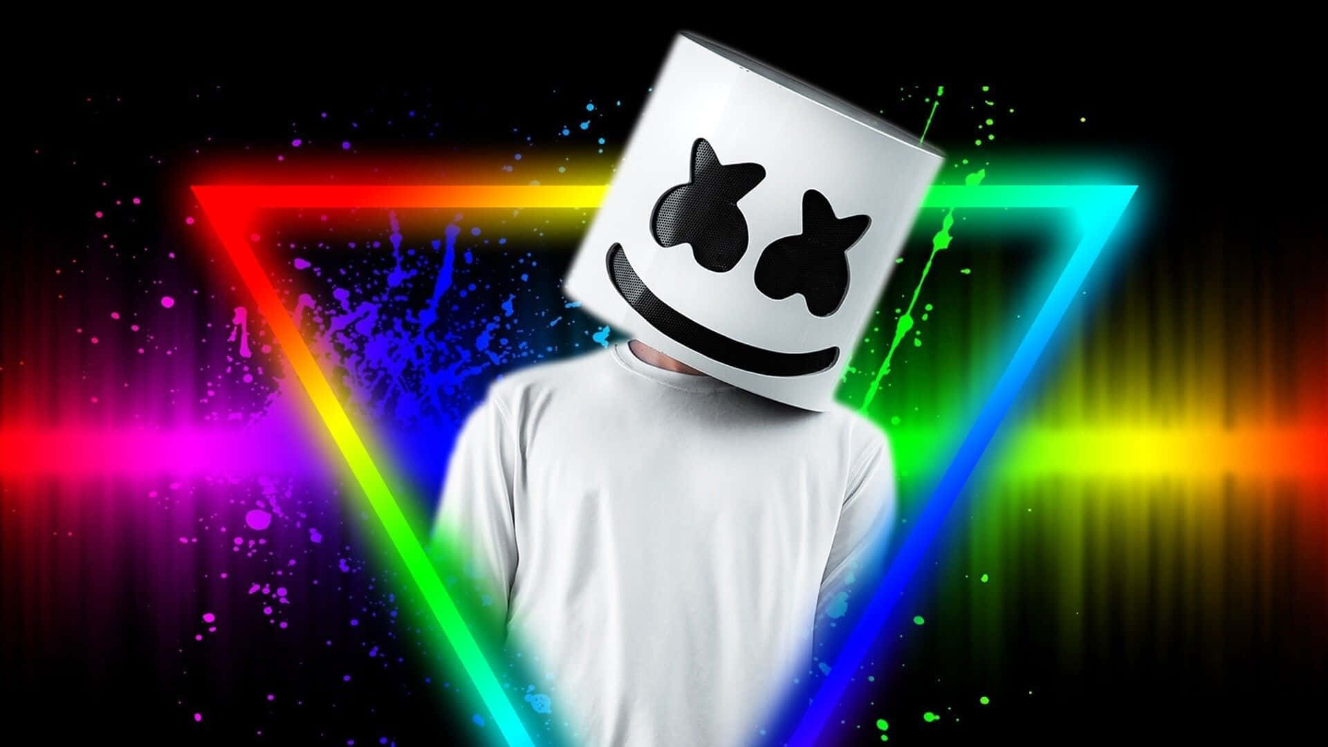 Marshmello 動態圖 桌布 壁紙 — 一個人戴著白色棉花糖頭盔，站在一個發光的彩虹三角形中，背景是深色並有彩色油漆噴濺。