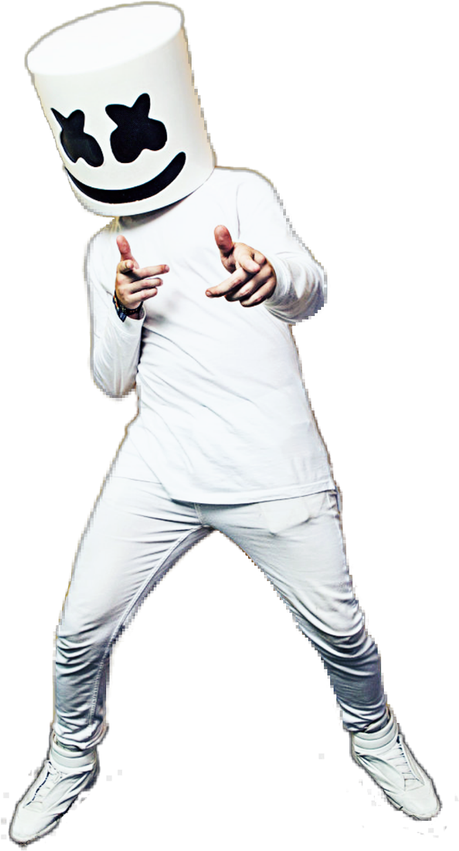 Marshmello 動態圖 桌布 壁紙 — 一個人戴著白色棉花糖頭盔，身穿全白服裝，在黑色背景下擺出動態姿勢。
