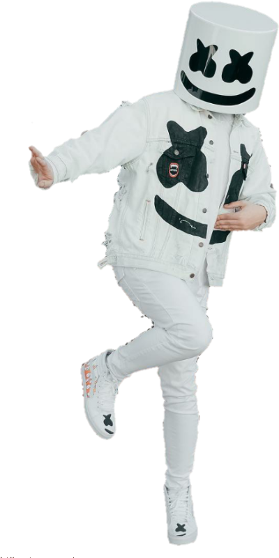 Marshmello 動態圖 桌布 壁紙 — 一個人戴著白色棉花糖頭盔，身穿全白服裝，在黑色背景前充滿活力地跳舞。