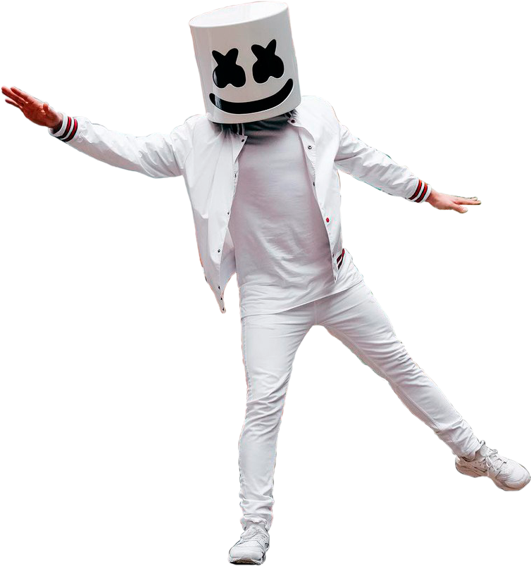 Marshmello 動態圖 桌布 壁紙 — 一個人戴著白色棉花糖頭盔，身穿全白服裝，在黑色背景前擺出動感舞蹈姿勢。