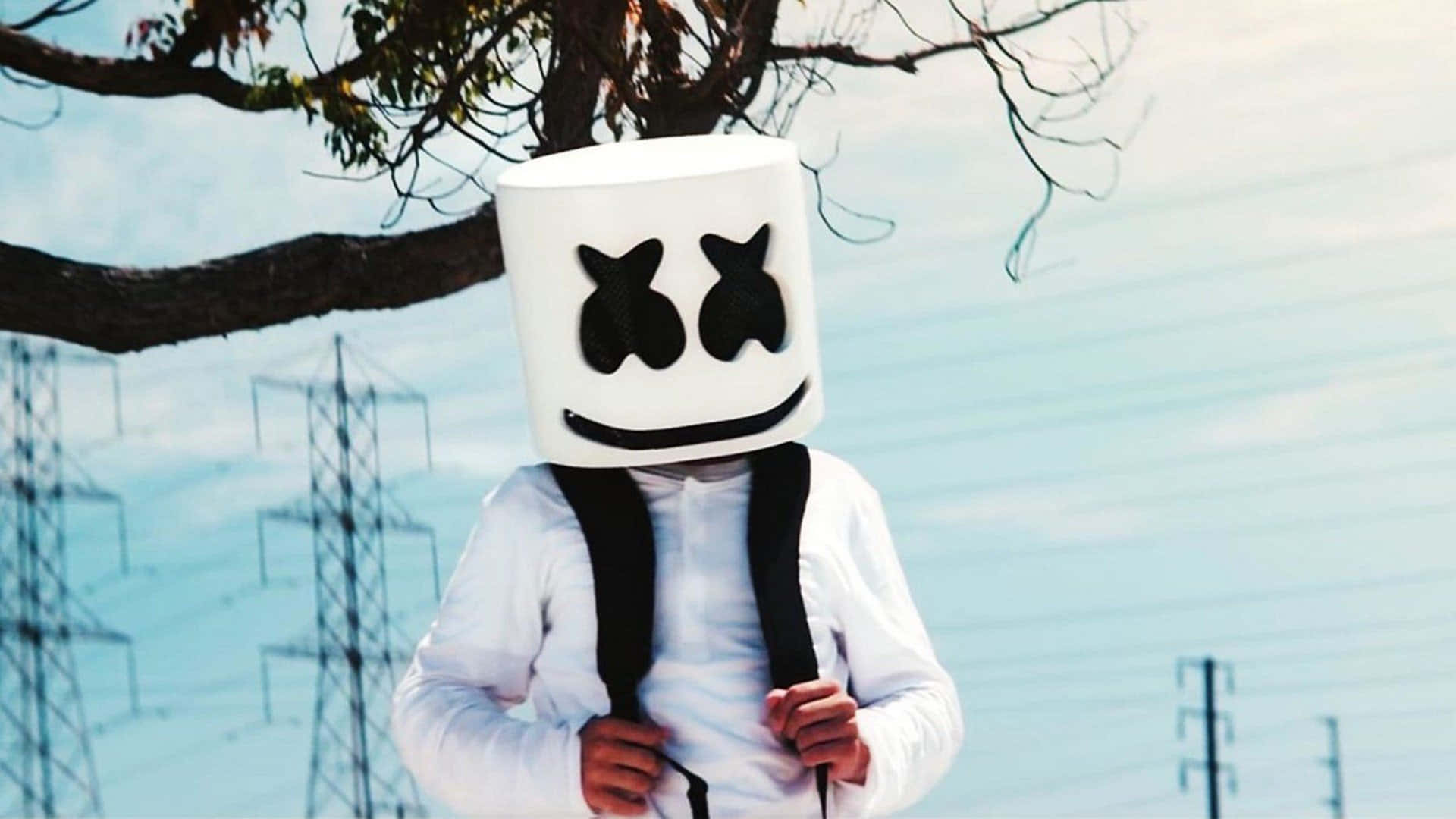 Marshmello 動態圖 桌布 壁紙 — 一個人戴著白色棉花糖頭盔，黑色眼睛和微笑，站在一棵有電線的樹下。
