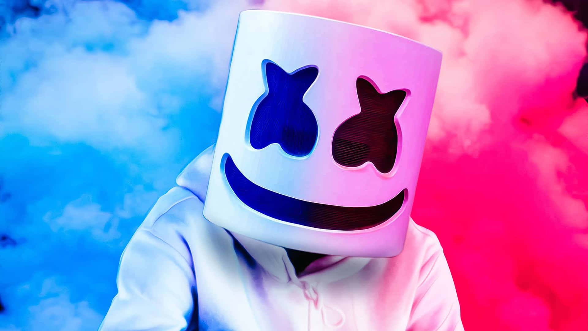 Marshmello 動態圖 桌布 壁紙 — 一個人戴著白色棉花糖頭盔面具，身後有藍色和粉紅色的煙霧旋轉。