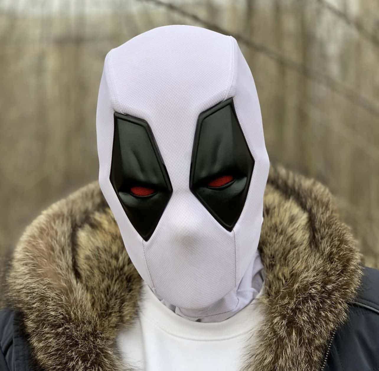 Deadpool Mask 桌布 壁紙 — 一個人戴著白色死侍面具，眼睛發出紅光，身穿毛領外套，背景是模糊的戶外環境。