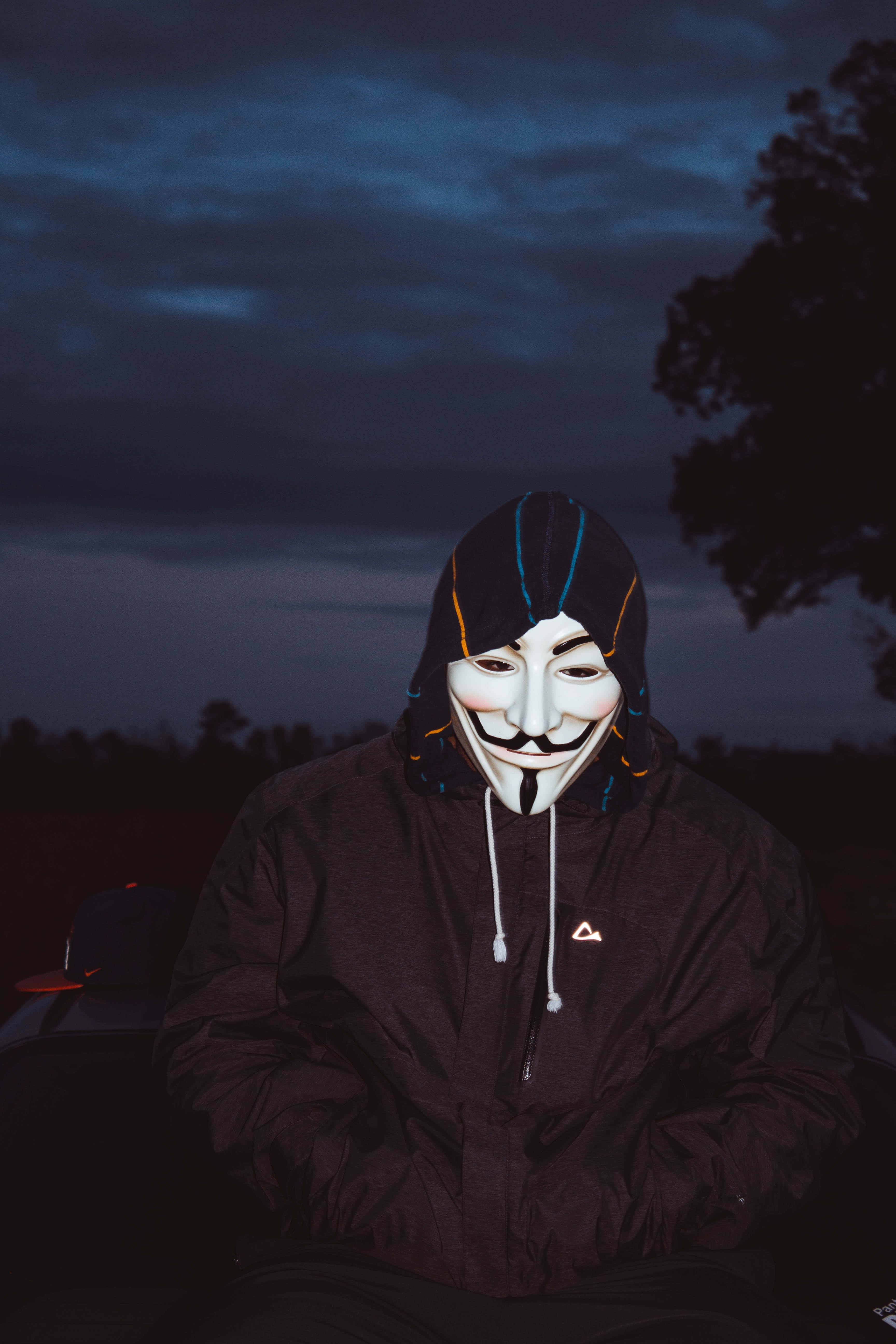 Mask 桌布 壁紙 — 一個人戴著白色蓋伊·福克斯面具和深色連帽衫，坐在陰沉的暮色天空和剪影樹木前。