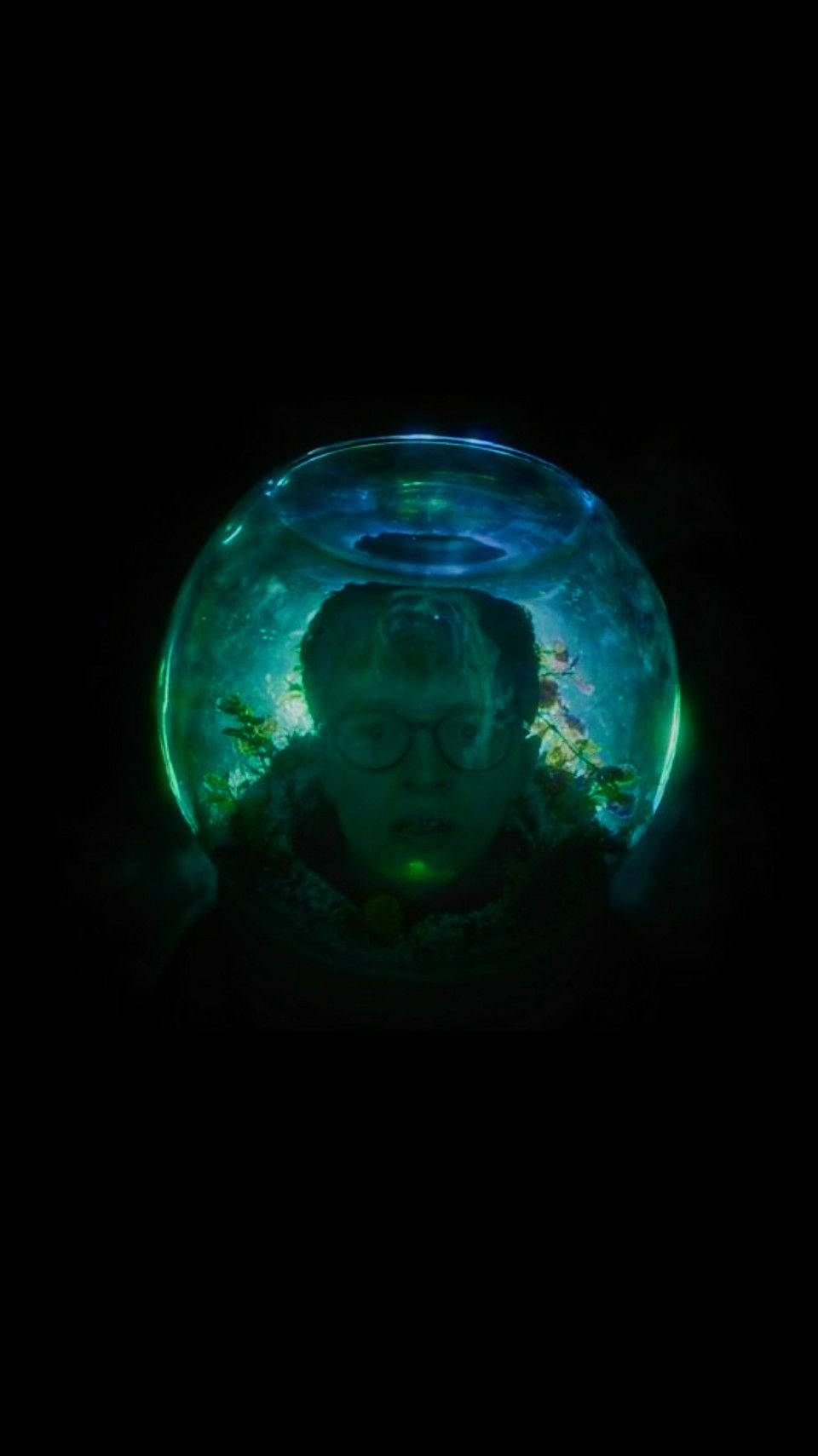 Cavetown 桌布 壁紙 — 一個人戴著眼鏡，浸沒在一個發光的魚缸裡，魚缸裡充滿了綠色水生植物，背景是黑色的。