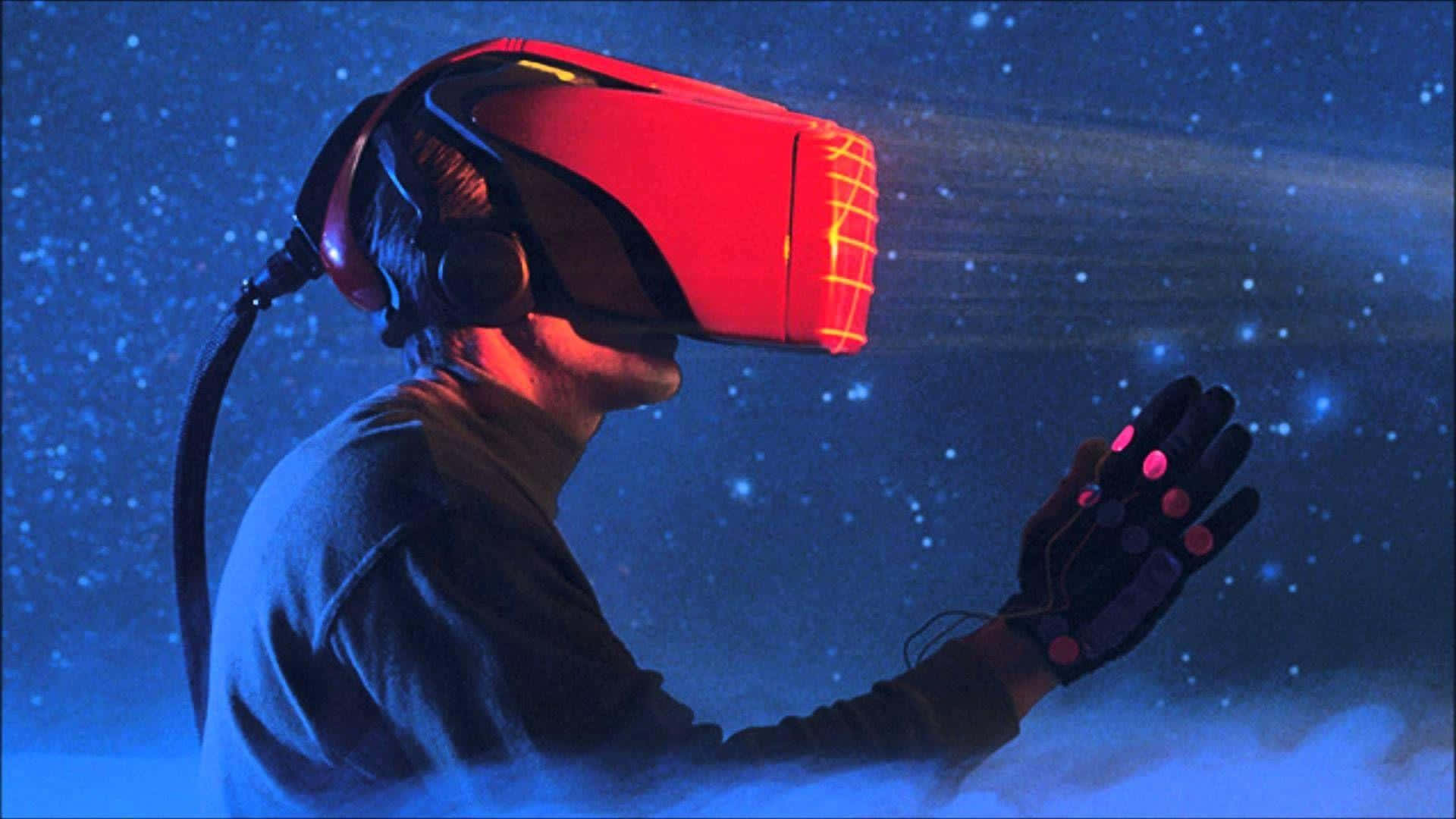 vr 桌布 壁紙 — 一個人戴著紅色VR頭戴式顯示器和發光手套，在深藍色背景下與星光燦爛的數位宇宙互動。