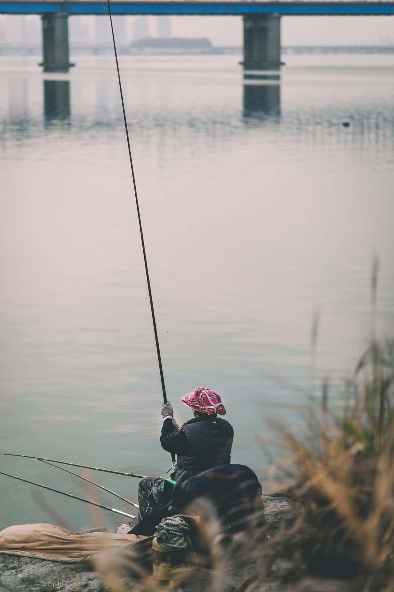 在河岸釣魚的人，背景有橋 — 釣魚 GIF 壁紙