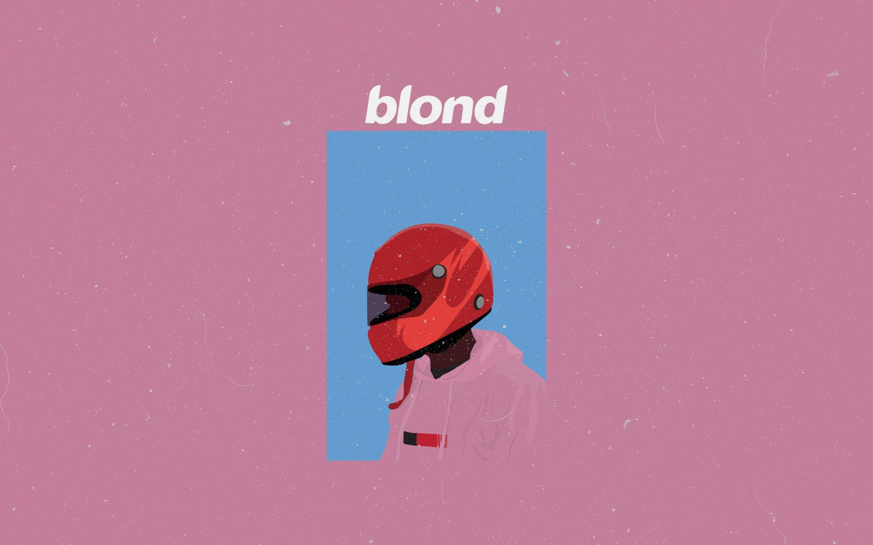 Frank Ocean 桌布 壁紙 — 一個人戴著紅色頭盔和粉紅色連帽衫，站在有紋理的粉紅色背景上的藍色長方形前，上方有blond一詞。