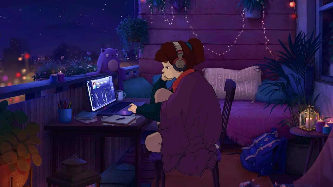 Lo Fi Aesthetic 桌布 壁紙 — 一個人戴著耳機在一個裝飾著燈串和盆栽植物的舒適夜間陽臺上使用筆記型電腦工作。