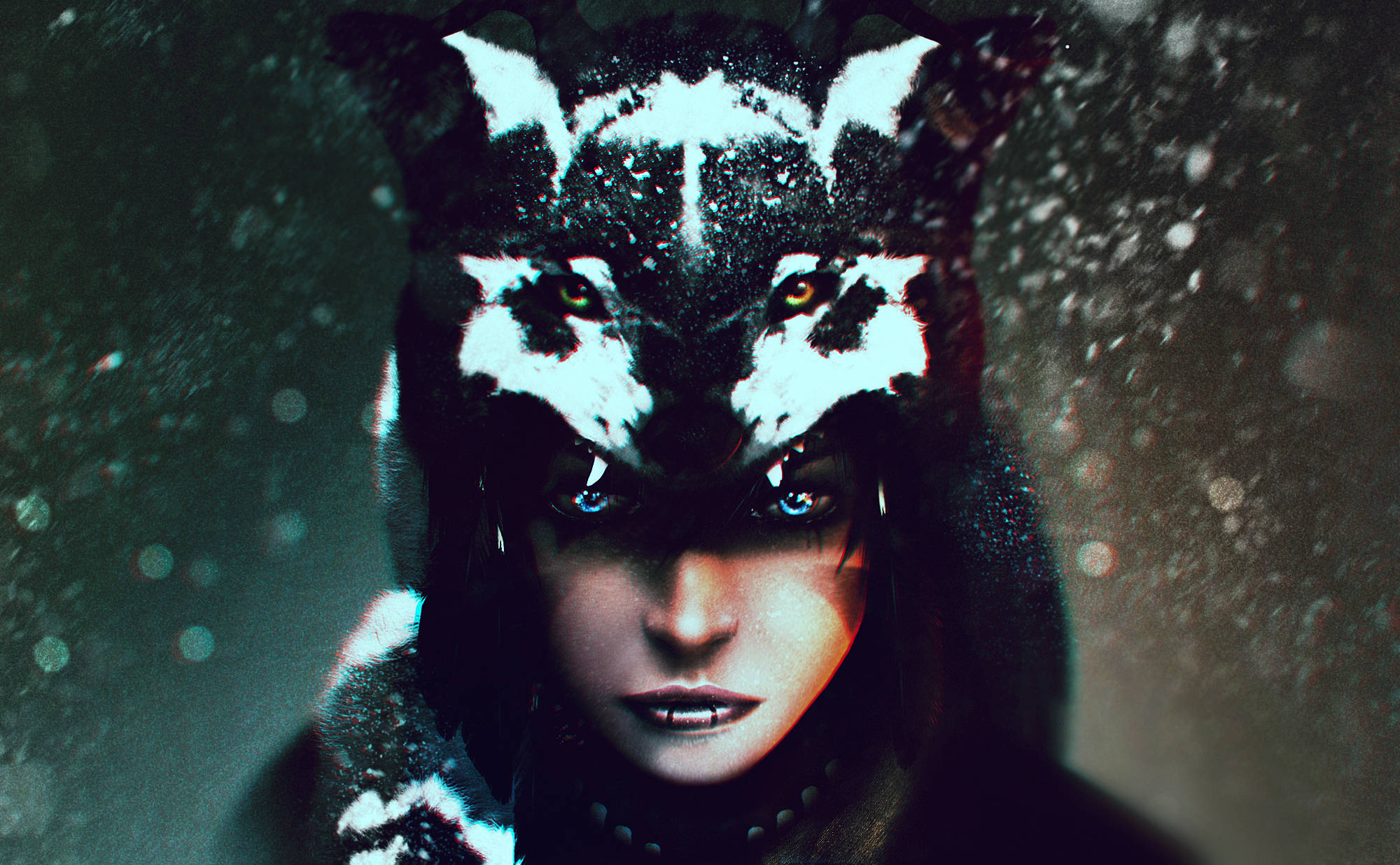 Wolf Girl 桌布 壁紙 — 一個人戴著被雪覆蓋的狼面具，在黑暗的雪景背景下強烈地凝視。