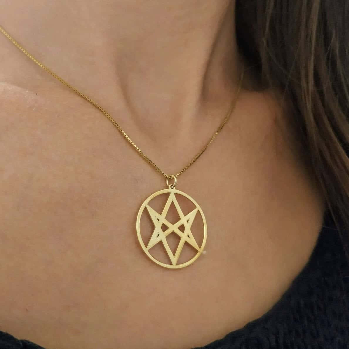Thelema 桌布 壁紙 — 一個人戴著金色五角星吊墜項鍊貼在皮膚上，可見深色頭髮和黑色上衣。