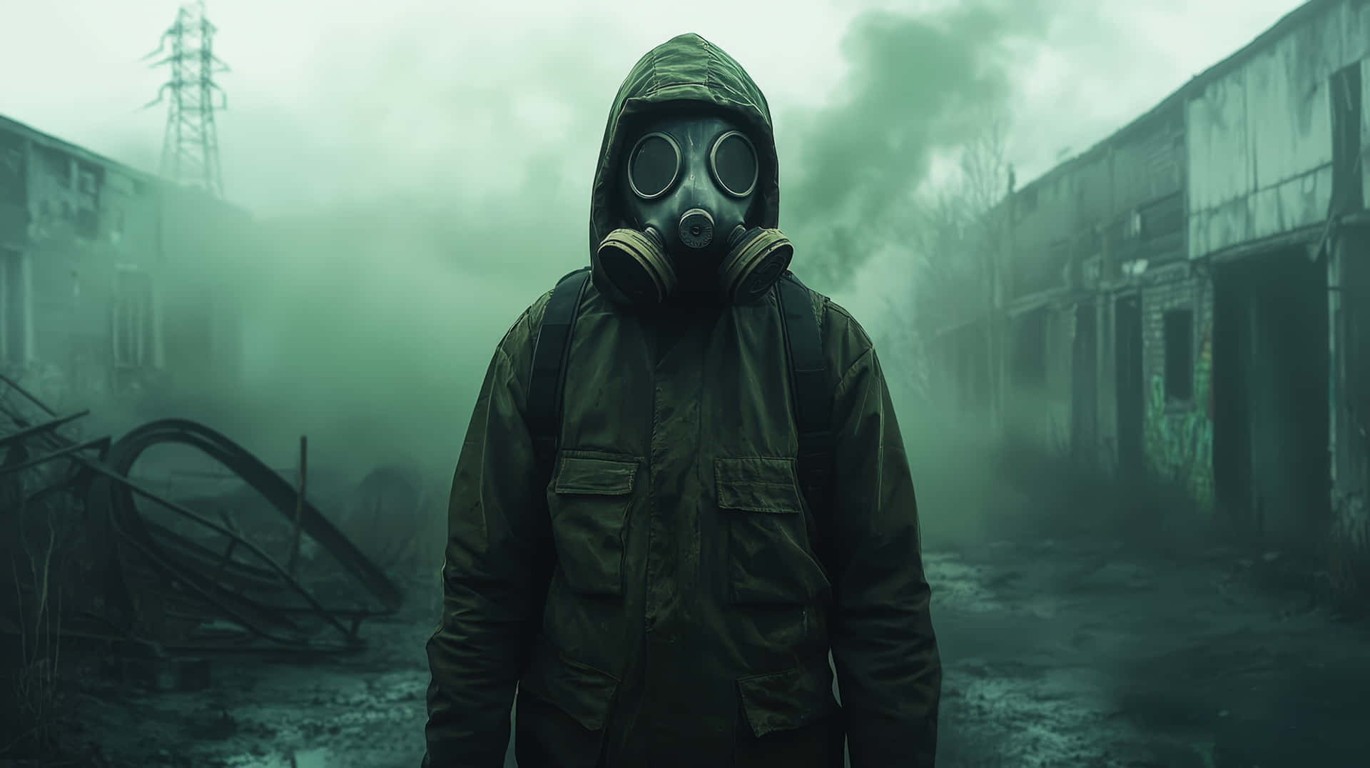Post-Apocalyptic Survivor in Gas Mask Standing in Ruined City 壁紙 — 一個人戴著防毒面具和連帽外套，站在煙霧瀰漫、建築物受損的廢墟城市小巷中。