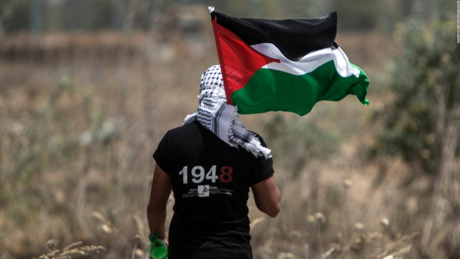 Palestine 桌布 壁紙 — 一個人戴著頭巾，穿著印有1948的黑色T恤，手持巴勒斯坦旗幟走過乾草。