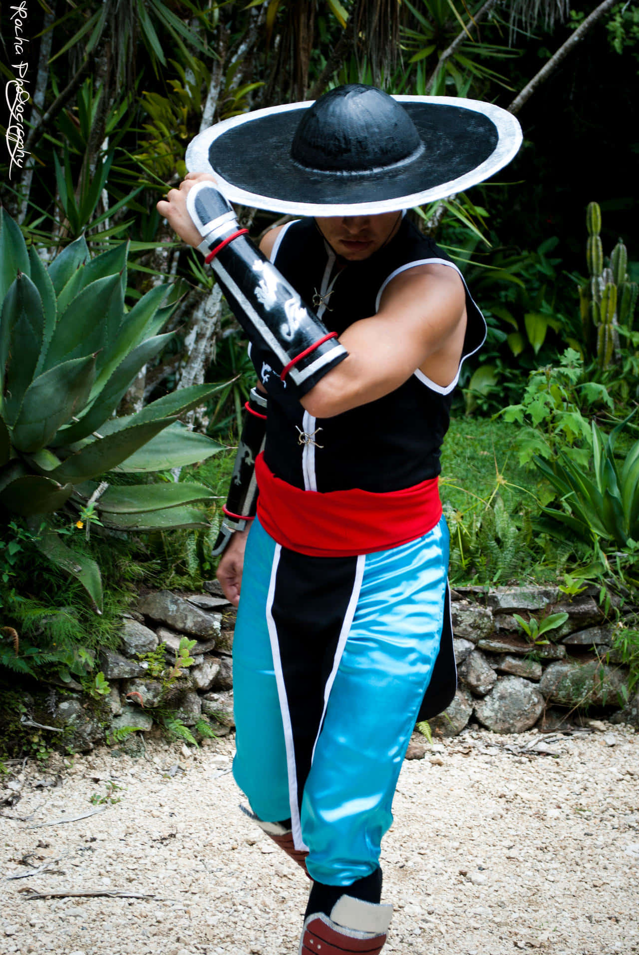 Mortal Kombat Kung Lao 桌布 壁紙 — 一個人戴著黑色寬邊帽、穿著藍色褲子，站在茂密的綠色叢林中，手持一根手杖。