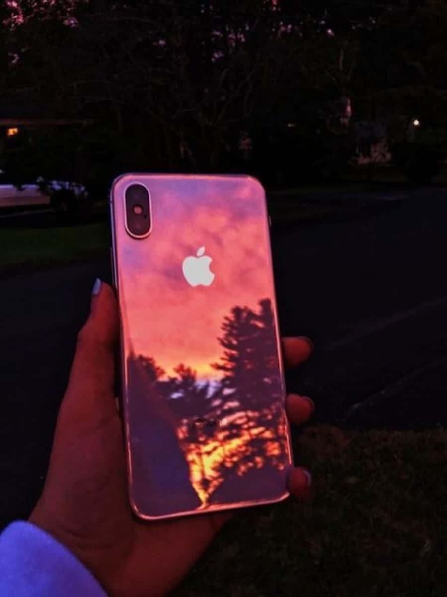 一個人手持iPhone，螢幕映照著夕陽 壁紙