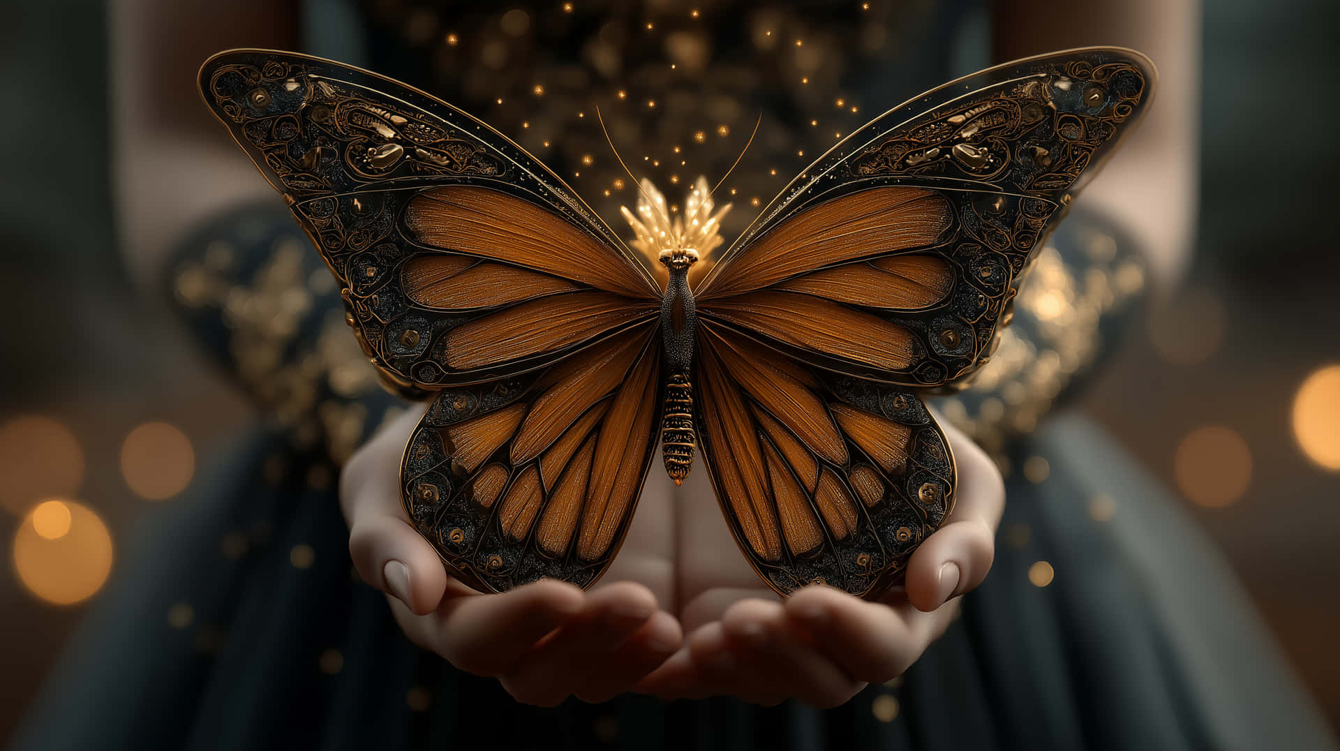 Majestic Butterfly with Crown Held Gently by Hands 壁紙 — 一個人手持一隻裝飾華麗的金色蝴蝶，帶有複雜的黑色圖案和翅膀上方發光的粒子。