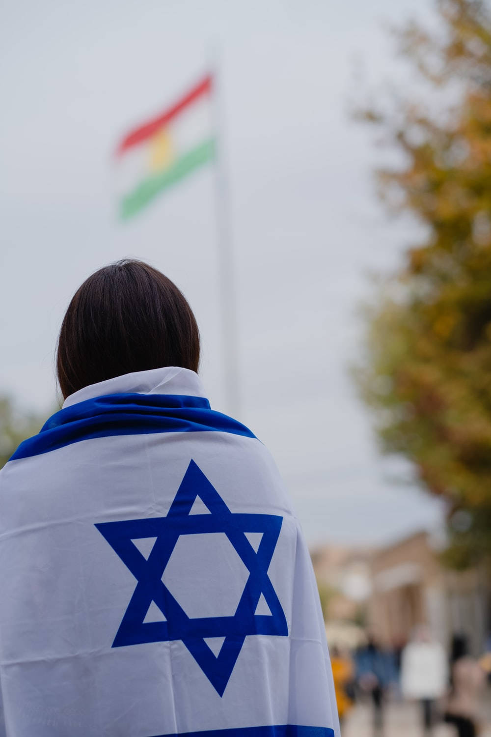 Israel Flag 桌布 壁紙 — 一個人披著以色列國旗，背對鏡頭，凝視著遠處飄揚的庫爾德旗幟。