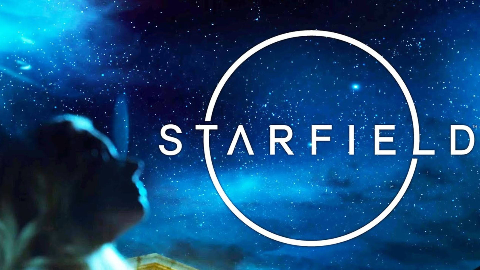 星空 桌布 壁紙 — 一個人抬頭仰望星空藍色宇宙天空，而STARFIELD這個詞以粗體白色字母出現在圓形框架內。