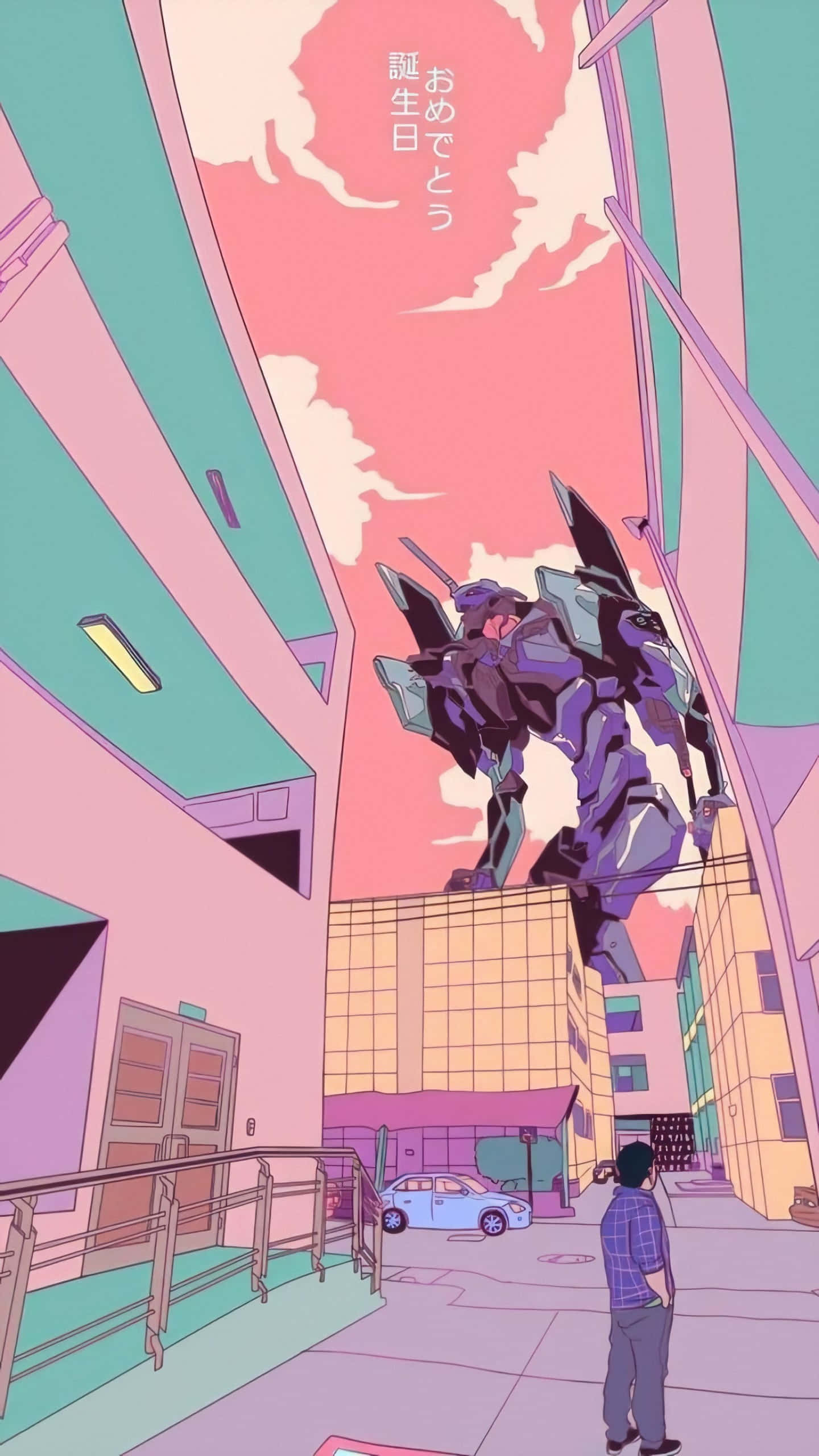 evangelion 4K 桌布 壁紙 — 一個人抬頭凝視著一座巨大的紫色機甲，聳立在粉紅色天空下的一條粉彩城市街道上。