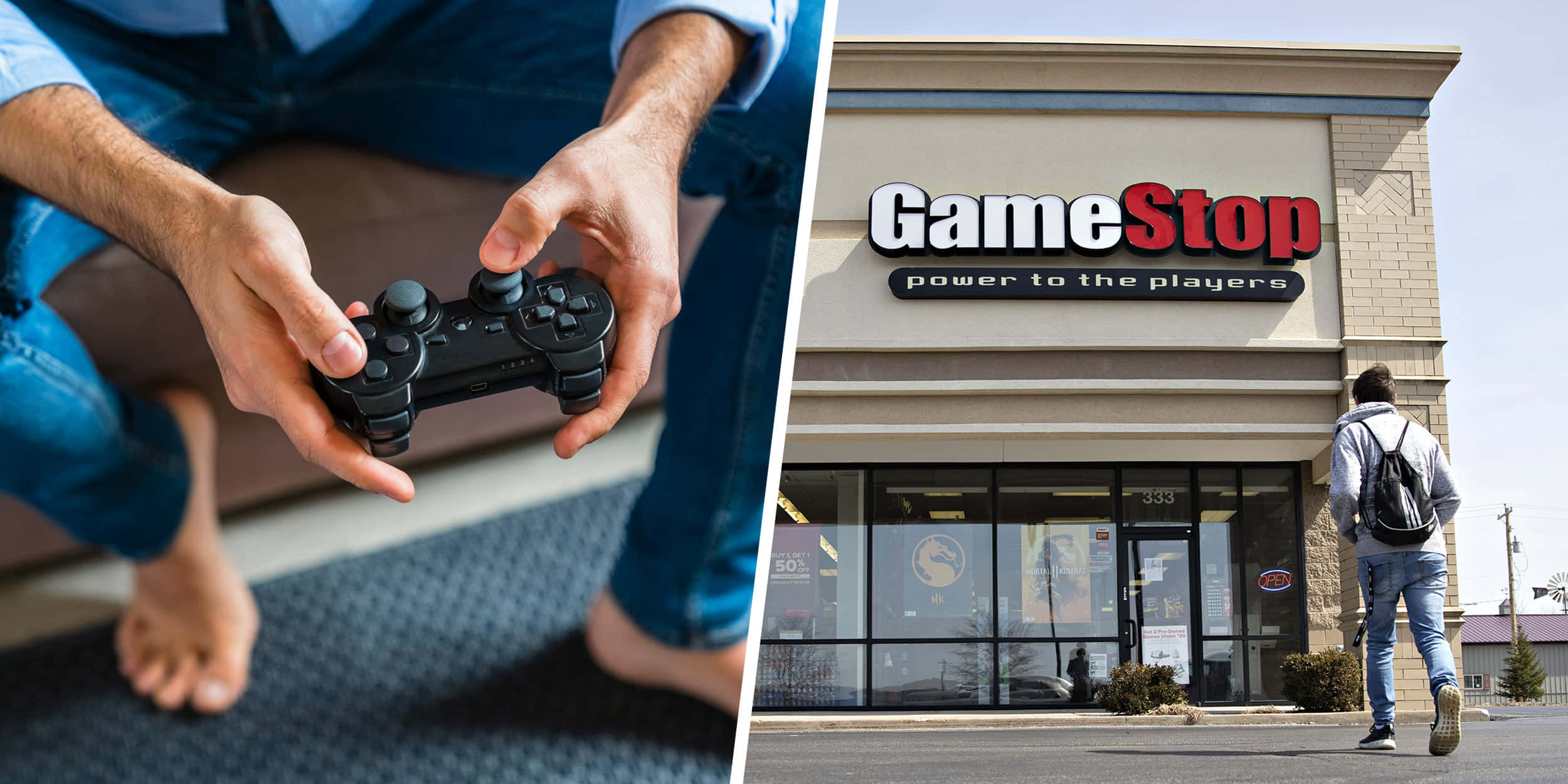 GameStop 桌布 壁紙 — 一個人拿著遊戲手把，另一個人走向GameStop店面。