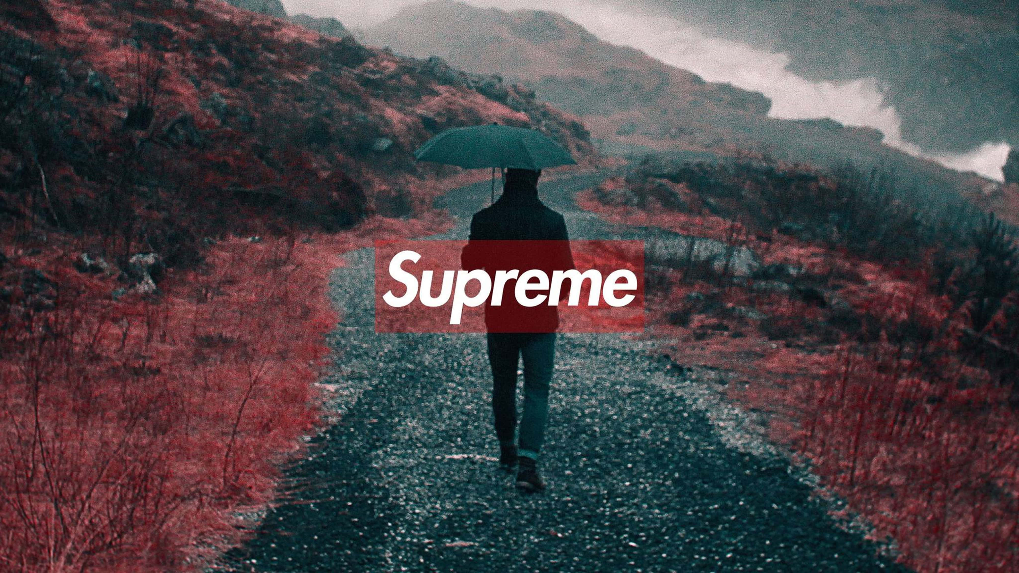 supreme aesthetic 桌布 壁紙 — 一個人撐著傘沿著濕漉漉的碎石路走開，穿過霧氣瀰漫的紅色景觀。