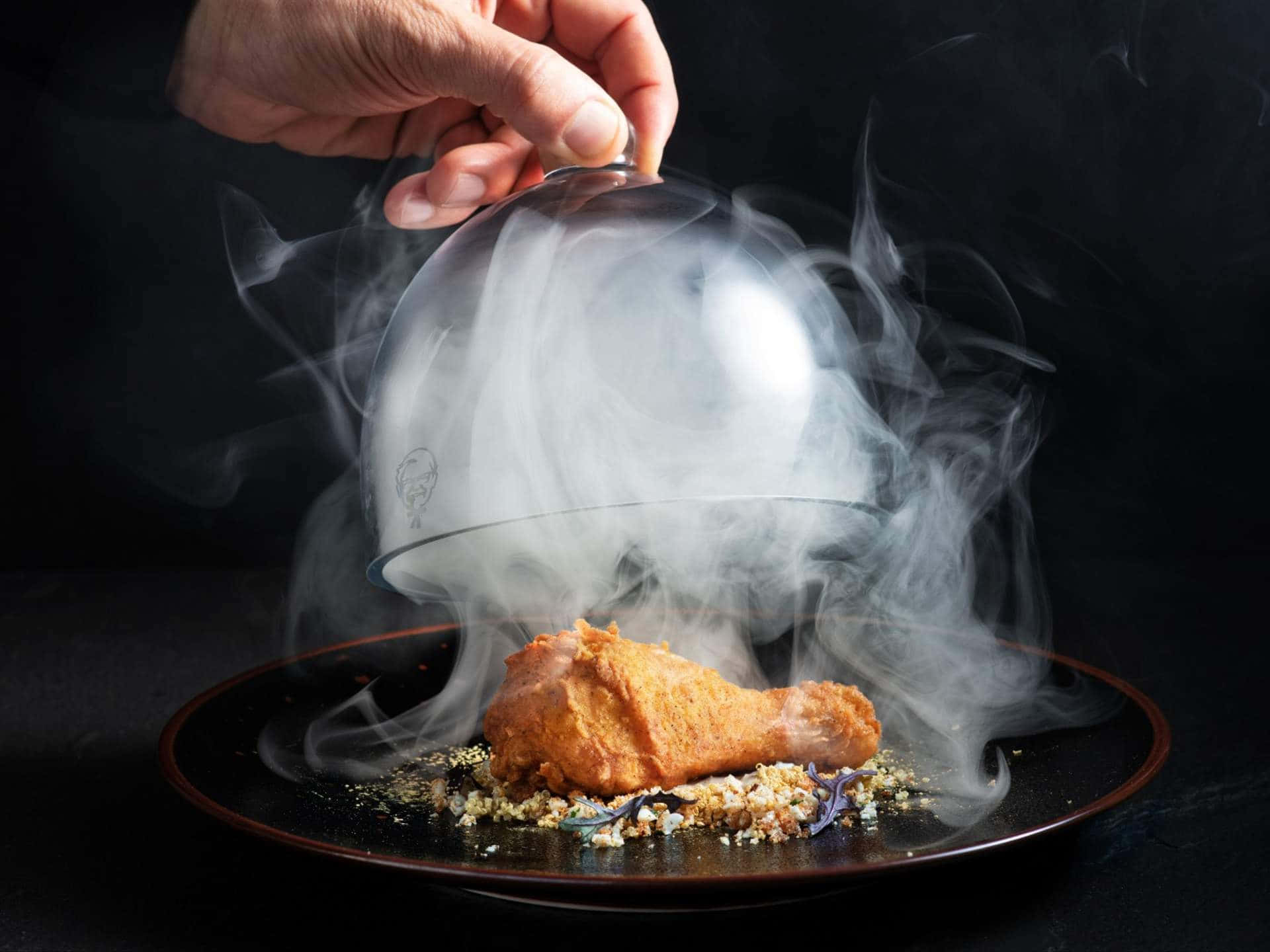 一個人正在將食物放在盤子上，盤子冒出煙霧 壁紙