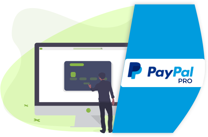 PayPal 桌布 壁紙 — 一個人正在與一個數位支付介面互動，該介面在筆記型電腦螢幕上顯示一張信用卡，旁邊有一個PayPal Pro標誌。